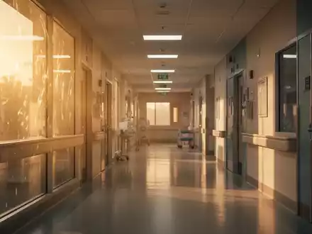 Ein sonnendurchfluteter, menschenleerer Krankenhausflur während einer Hitzewelle, der die angespannte Atmosphäre verdeutlicht. - Foto: über boerse-global.de