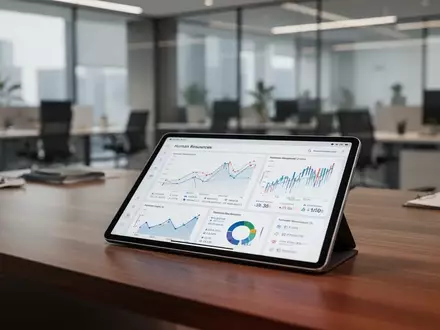 Schreibtisch mit Tablet, das HR-Daten und Finanzdiagramme anzeigt, in einer modernen Büroumgebung. - Foto: über boerse-global.de