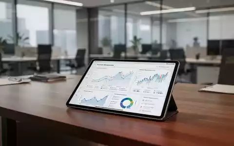 Schreibtisch mit Tablet, das HR-Daten und Finanzdiagramme anzeigt, in einer modernen Büroumgebung. - Foto: über boerse-global.de
