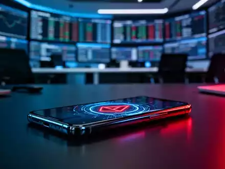 Ein Smartphone auf einem Schreibtisch vor einem unscharfen Hintergrund eines Handelsraums, symbolisch für mobile Betrugsrisiken. - Foto: über boerse-global.de