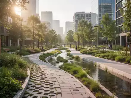 Moderner, nachhaltiger Stadtpark mit begrünten Flächen und innovativen Wassermanagementsystemen zur Klimaanpassung. - Foto: über boerse-global.de