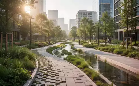 Moderner, nachhaltiger Stadtpark mit begrünten Flächen und innovativen Wassermanagementsystemen zur Klimaanpassung. - Foto: über boerse-global.de