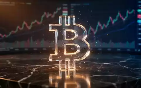Ein gläsernes Bitcoin-Symbol auf einem dunklen Marmortisch vor einem unscharfen Hintergrund mit Finanzgrafiken. - Foto: über boerse-global.de