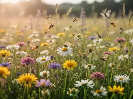 Eine artenreiche Blumenwiese mit Insekten im sanften Sommerlicht als Symbol für ökologische Gartenbewirtschaftung. - Foto: über boerse-global.de