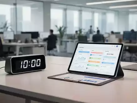 Ein moderner Schreibtisch mit einem digitalen Tablet zur professionellen Zeiterfassung im Büro. - Foto: über boerse-global.de