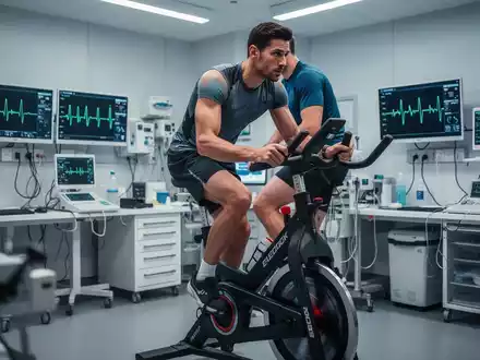 Ein Profisportler absolviert eine medizinische Leistungsdiagnostik auf einem Fahrradergometer in einer Sportklinik. - Foto: über boerse-global.de