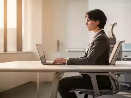 Eine Person sitzt in aufrechter, ergonomischer Haltung an einem modernen Schreibtisch in einem hellen Büro. - Foto: über boerse-global.de