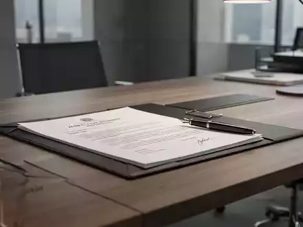 Ein minimalistischer Büroschreibtisch mit einer Rechtsakte und einem Füllfederhalter vor einem verschwommenen Hintergrund. - Foto: über boerse-global.de