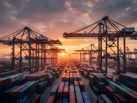 Gantry-Krane und Containerstapel in einem deutschen Seehafen bei Sonnenuntergang. - Foto: über boerse-global.de
