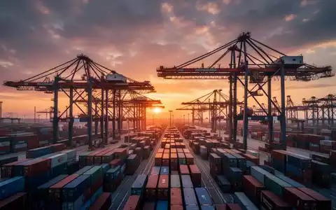 Gantry-Krane und Containerstapel in einem deutschen Seehafen bei Sonnenuntergang. - Foto: über boerse-global.de