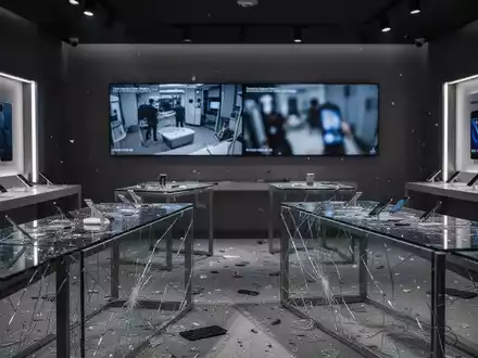 Ein modernes Mobilfunkgeschäft mit zerstörten Glasvitrinen und einer unscharfen Überwachungskamera im Hintergrund. - Foto: über boerse-global.de