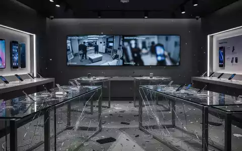 Ein modernes Mobilfunkgeschäft mit zerstörten Glasvitrinen und einer unscharfen Überwachungskamera im Hintergrund. - Foto: über boerse-global.de