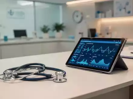 Ein Stethoskop und ein Tablet mit Gesundheitsstatistiken auf einem Schreibtisch in einer modernen Arztpraxis. - Foto: über boerse-global.de