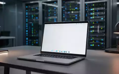 Ein moderner Arbeitsplatz mit einem Laptop, der eine Betriebssystem-Oberfläche anzeigt, vor einem unscharfen Serverraum. - Foto: über boerse-global.de