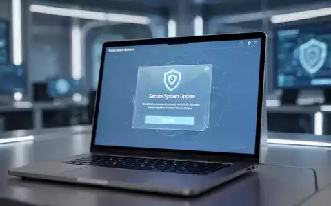 Nahaufnahme eines Laptop-Bildschirms mit Sicherheitsupdate-Oberfläche in modernem, professionellem Büro. - Foto: über boerse-global.de