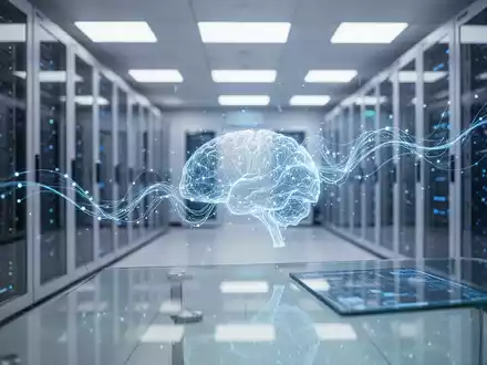Abstraktes Bild eines modernen Rechenzentrums mit blau leuchtenden Datenströmen als Symbol für künstliche Intelligenz. - Foto: über boerse-global.de
