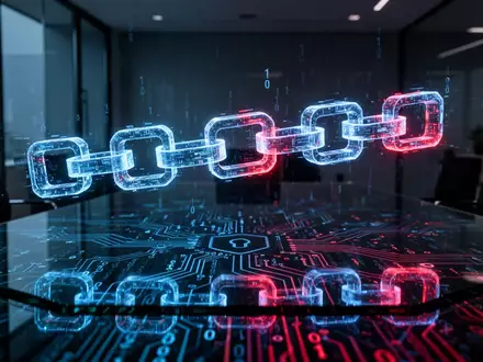 Digitale Kette aus leuchtenden Blöcken über einem gläsernen Tisch, die eine Cyber-Bedrohung durch Blockchain-Infrastruktur symbolisiert. - Foto: über boerse-global.de