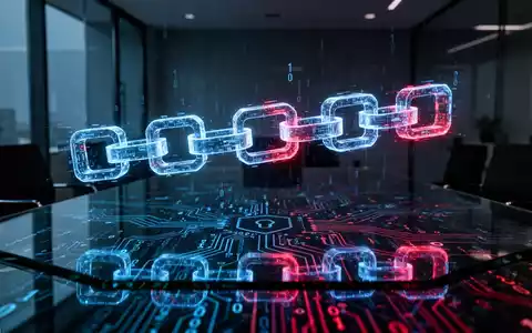 Digitale Kette aus leuchtenden Blöcken über einem gläsernen Tisch, die eine Cyber-Bedrohung durch Blockchain-Infrastruktur symbolisiert. - Foto: über boerse-global.de