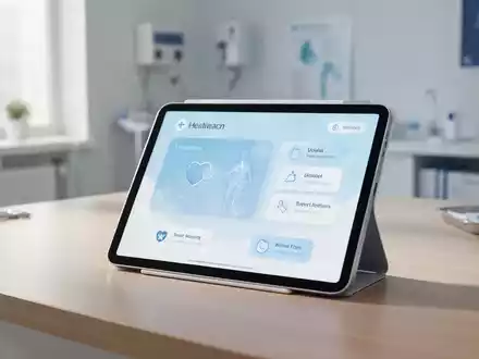 Ein Tablet mit einer digitalen Gesundheitsanwendung auf einem hellen Schreibtisch in einer klinischen Umgebung. - Foto: über boerse-global.de
