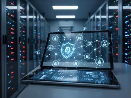 Digitale Darstellung von Cybersicherheit und Datenlecks in einem modernen Serverraum mit leuchtenden Netzwerkknoten. - Foto: über boerse-global.de
