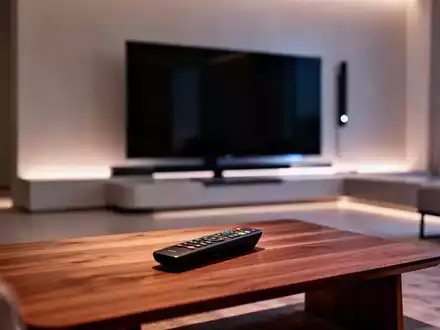 Minimalistisches Wohnzimmer mit modernem Fernseher und einer einzelnen Fernbedienung auf einem Tisch. - Foto: über boerse-global.de