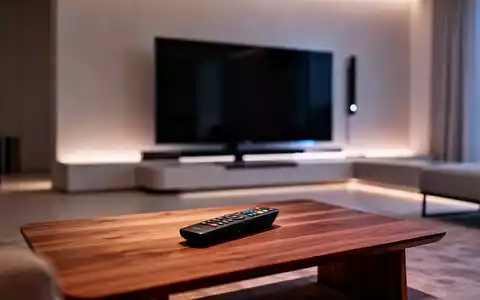 Minimalistisches Wohnzimmer mit modernem Fernseher und einer einzelnen Fernbedienung auf einem Tisch. - Foto: über boerse-global.de
