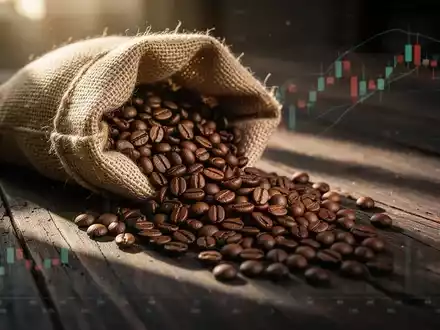 Hochwertige Arabica-Kaffeebohnen, die aus einem Jutesack auf einen dunklen Holztisch fallen, vor einem unscharfen Hintergrund. - Foto: über boerse-global.de