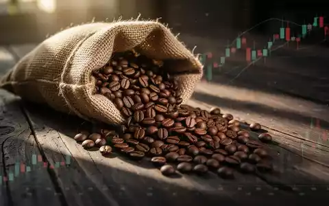 Hochwertige Arabica-Kaffeebohnen, die aus einem Jutesack auf einen dunklen Holztisch fallen, vor einem unscharfen Hintergrund. - Foto: über boerse-global.de