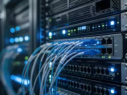 Nahaufnahme eines High-Tech-Serverracks mit leuchtend blauen Lichtern in einem sicheren Unternehmensrechenzentrum. - Foto: über boerse-global.de