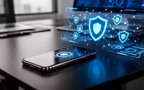 Smartphone auf einem Schreibtisch neben einem digitalen Sicherheits-Dashboard, das mobilen Geräteschutz und Unternehmensrisiko darstellt. - Foto: über boerse-global.de