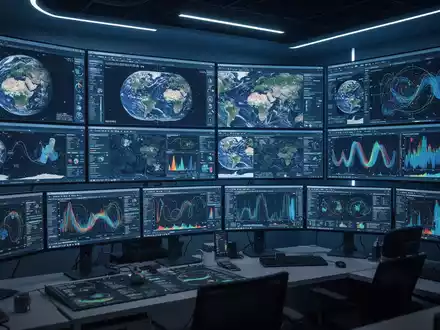 Digitale Kontrollraum-Bildschirme mit komplexen Umweltdaten und Satelliten-Klimamodellen. - Foto: über boerse-global.de