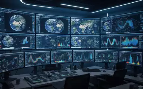 Digitale Kontrollraum-Bildschirme mit komplexen Umweltdaten und Satelliten-Klimamodellen. - Foto: ĂŒber boerse-global.de