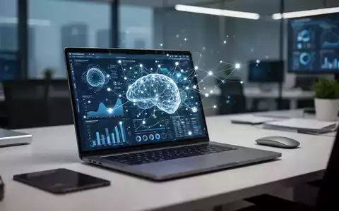 Moderner Büroarbeitsplatz mit einem Laptop, der abstrakte Datenvisualisierungen und KI-Netzwerkknoten anzeigt. - Foto: über boerse-global.de
