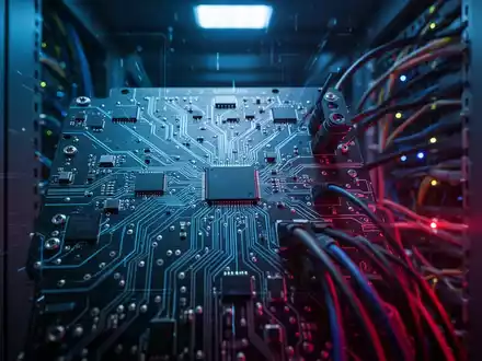 Ein technischer Netzwerk-Router in einem Serverraum mit blauer und roter Beleuchtung, der eine Sicherheitslücke symbolisiert. - Foto: über boerse-global.de