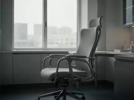Ein leerer ergonomischer Stuhl in einem hellen, ruhigen medizinischen Umfeld als Symbol für körperliche Einschränkungen. - Foto: über boerse-global.de