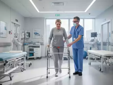 Ein Patient führt unter physiotherapeutischer Anleitung erste Gehübungen nach einer orthopädischen Operation durch. - Foto: über boerse-global.de