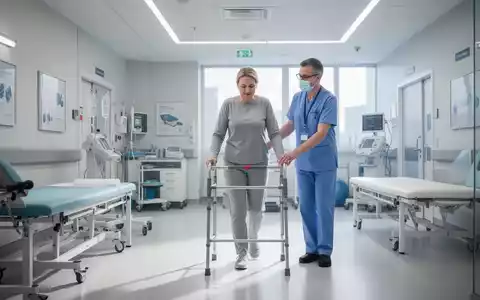 Ein Patient führt unter physiotherapeutischer Anleitung erste Gehübungen nach einer orthopädischen Operation durch. - Foto: über boerse-global.de