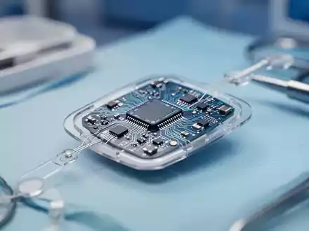 Nahaufnahme eines hochmodernen retinalen Implantats auf einer medizinischen Unterlage zur Behandlung degenerativer Augenerkrankungen. - Foto: über boerse-global.de