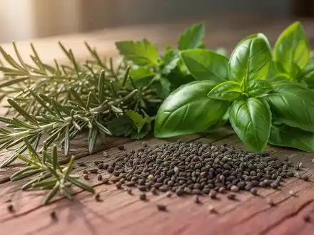 Frische Wildkräuter und Schwarzkümmelsamen auf einem Holztisch, die entzündungshemmende Inhaltsstoffe symbolisieren. - Foto: über boerse-global.de