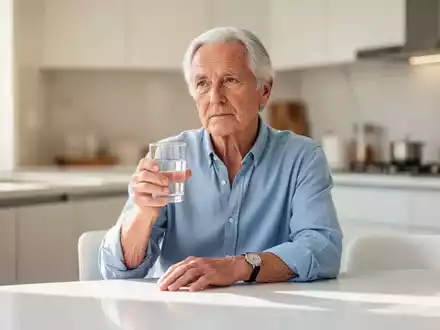 Ein älterer Mensch sitzt nachdenklich an einem hellen Küchentisch und hält ein Glas Wasser in der Hand. - Foto: über boerse-global.de