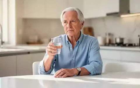 Ein älterer Mensch sitzt nachdenklich an einem hellen Küchentisch und hält ein Glas Wasser in der Hand. - Foto: über boerse-global.de