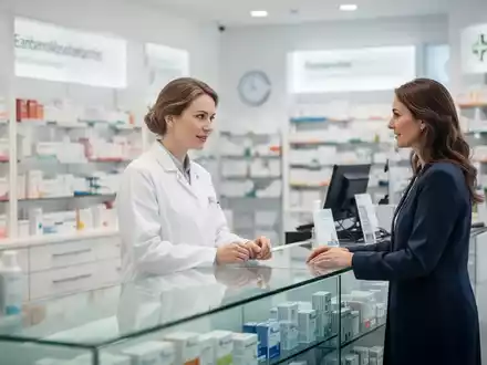 Ein Apotheker im Gespräch mit einem Patienten in einer modernen deutschen Apotheke. - Foto: über boerse-global.de