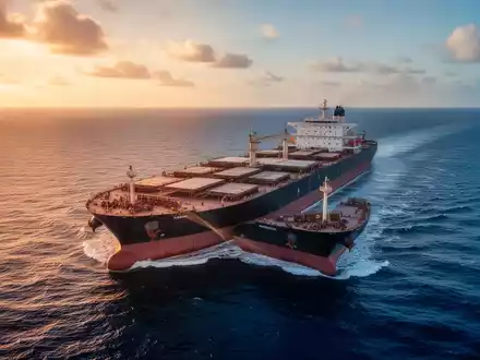 Ein großer Frachter auf dem offenen Meer während des Sonnenuntergangs. - Foto: über boerse-global.de