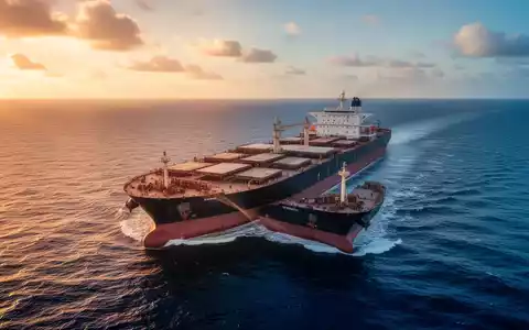 Ein großer Frachter auf dem offenen Meer während des Sonnenuntergangs. - Foto: über boerse-global.de