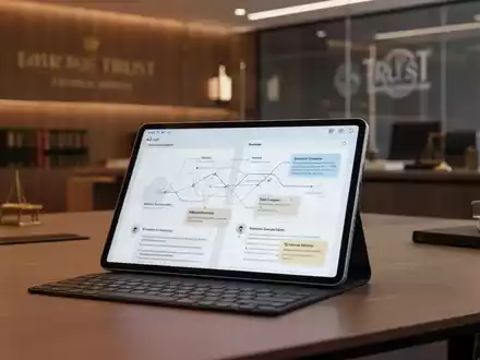 Modernes Büro-Setup mit einem Tablet, das digitale Sitzungsprotokolle anzeigt, symbolisiert KI-gestützte Dokumentation. - Foto: über boerse-global.de