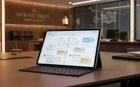 Modernes Büro-Setup mit einem Tablet, das digitale Sitzungsprotokolle anzeigt, symbolisiert KI-gestützte Dokumentation. - Foto: über boerse-global.de