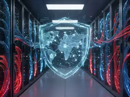 Digitale abstrakte Darstellung von Cybersicherheit mit leuchtenden Netzwerkknoten und einem Schutzschild vor einem Serverraum. - Foto: über boerse-global.de