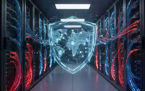 Digitale abstrakte Darstellung von Cybersicherheit mit leuchtenden Netzwerkknoten und einem Schutzschild vor einem Serverraum. - Foto: über boerse-global.de