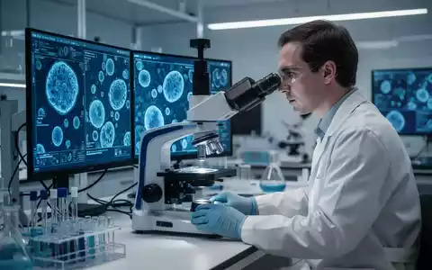 Ein Forscher betrachtet in einem modernen Labor mikroskopische Zellstrukturen auf einem Bildschirm zur genetischen Analyse. - Foto: über boerse-global.de