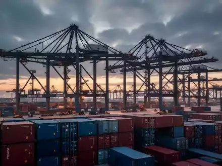 Moderne Containerbrücken und gestapelte Schiffscontainer in einem deutschen Seehafen bei Dämmerung. - Foto: über boerse-global.de